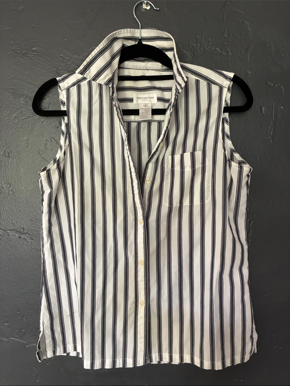 Jones NY cotton White & Black Vertical Stripe Sleeveless Button-Down Shirt